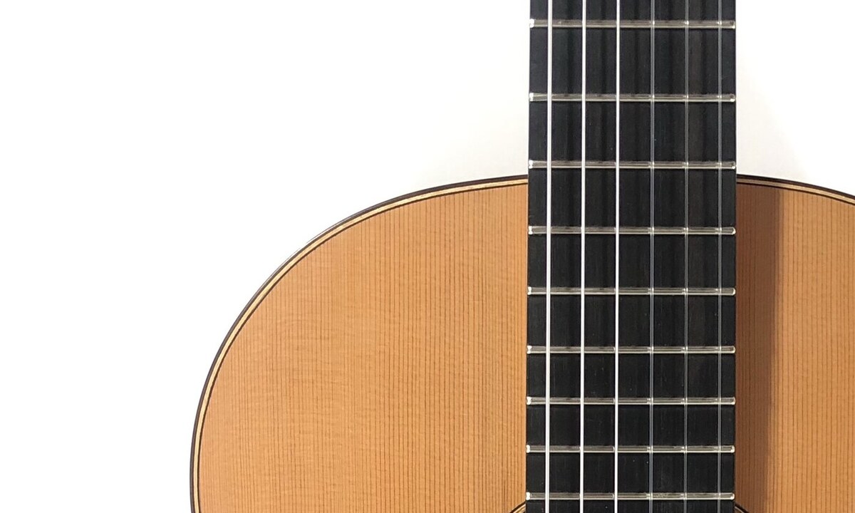 Detail of the cedar soundboard and rosette on a Doriean classical guitar